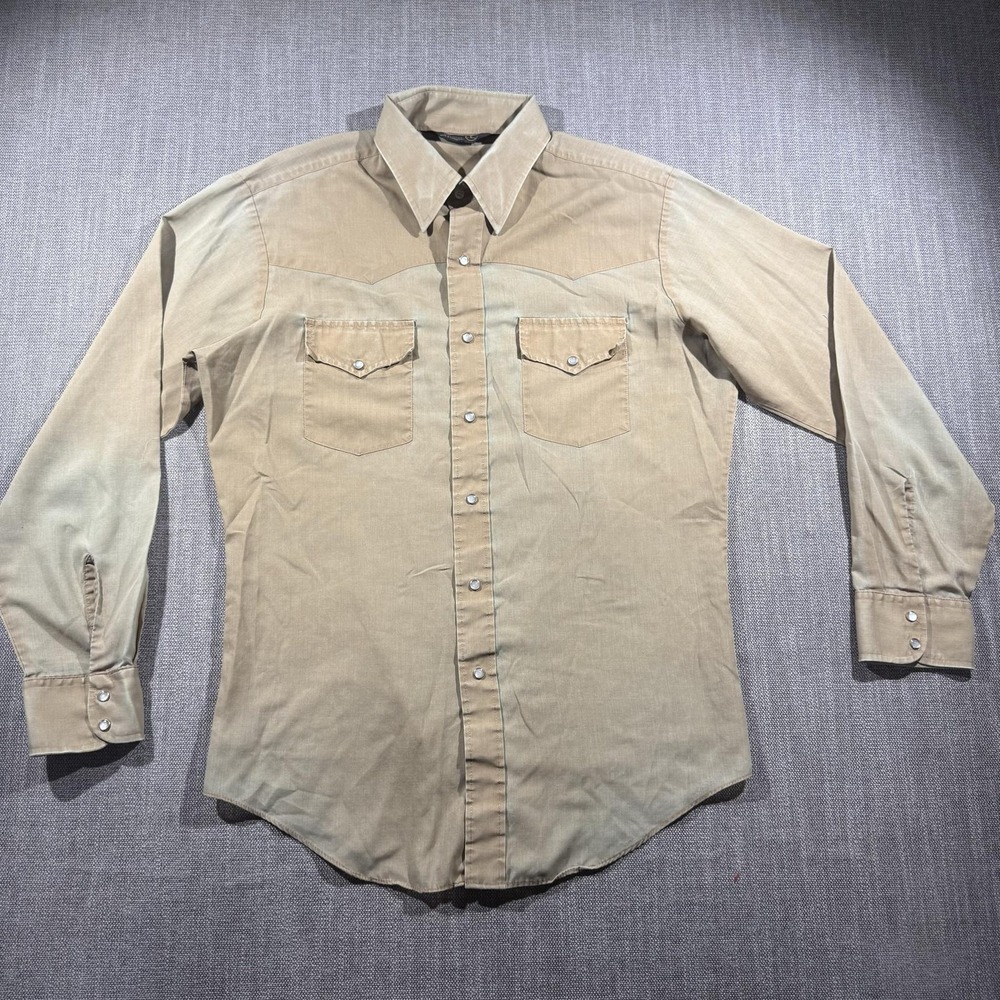 Vintage JCPenney Shirt Mens Large Beige Western Pearl Snap Long Sleeve Cowboy
